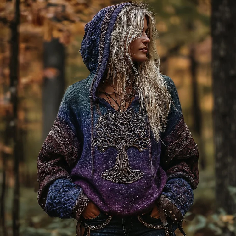 Women's Viking Life Of Tree Art Knitted Warm Hooded Sweater