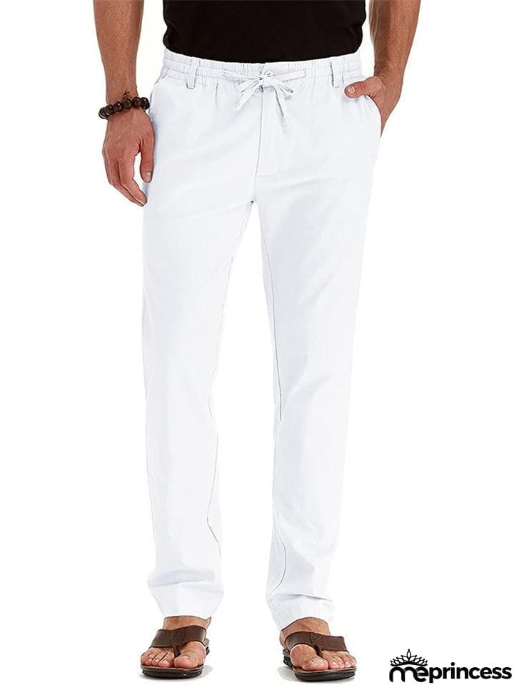Men's Elastic Drawstring Waistband Casual Straight Cotton Pants