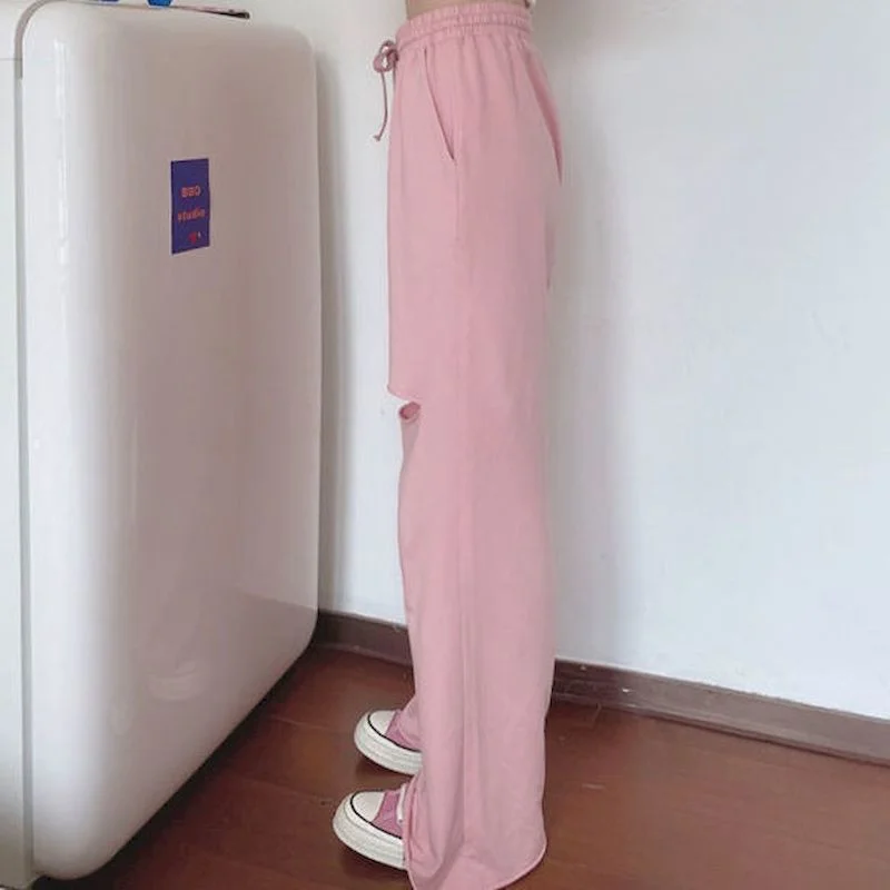 thin  jogger high waist hole Pants women sweatpants Korean style plus size 2020 wide leg loose sweat pants Ankle-Length