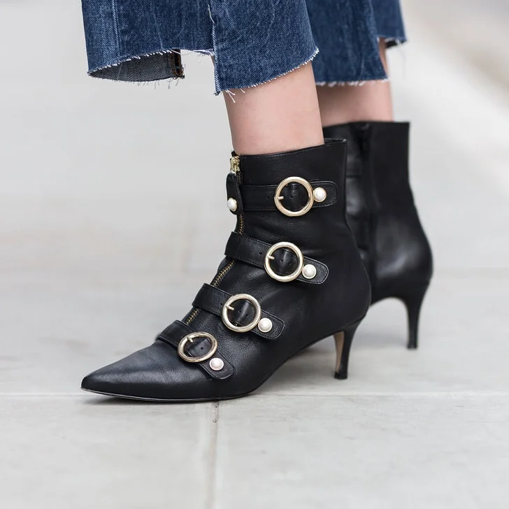 Black Pearl Buckled Kitten Heel Ankle Booties Vdcoo