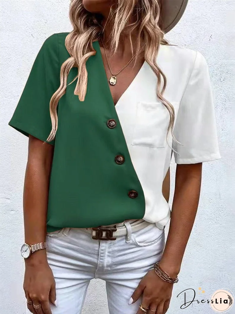 V-neck Chiffon Fashion Contrast Color Short-sleeved Shirt Top