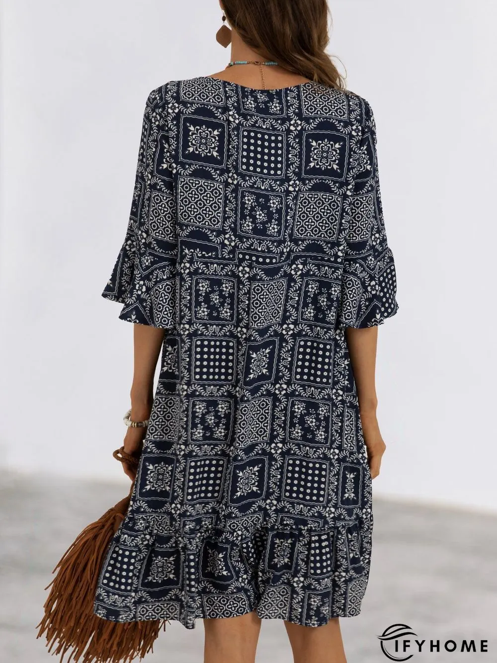 Purplish Blue Printed Shift Half Sleeve Holiday Mini Dress | IFYHOME