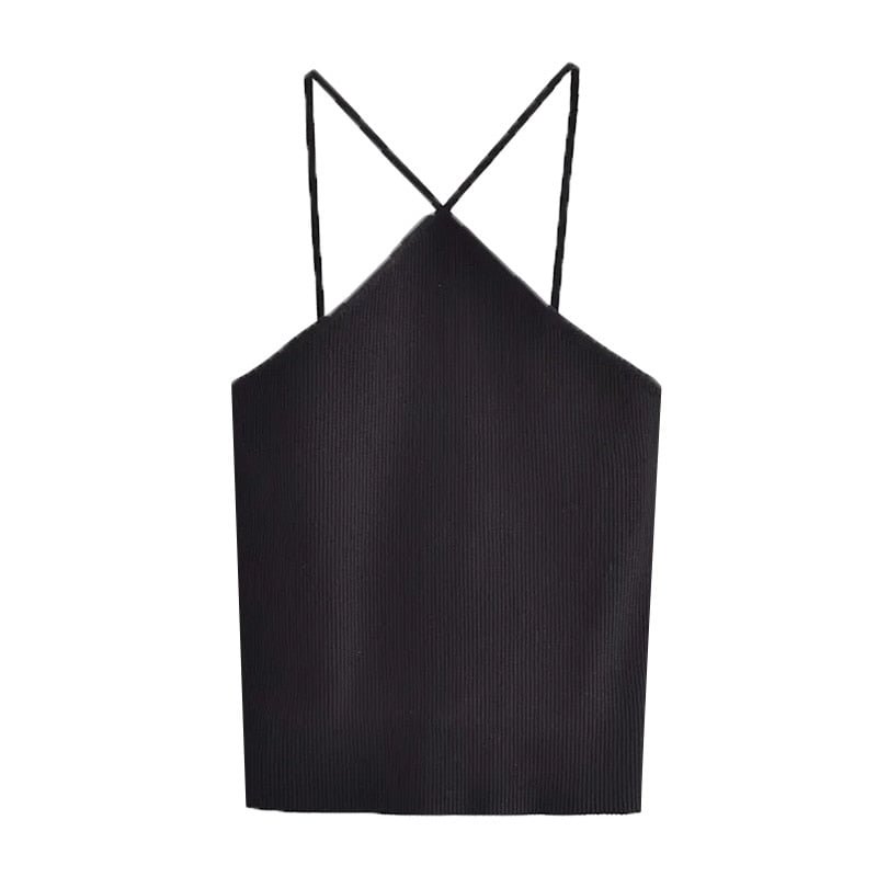 TRAF Women Sexy Fashion Hollow Out Knitted Cropped Tank Tops Vintage Backless Thin Straps Female Camis Mujer