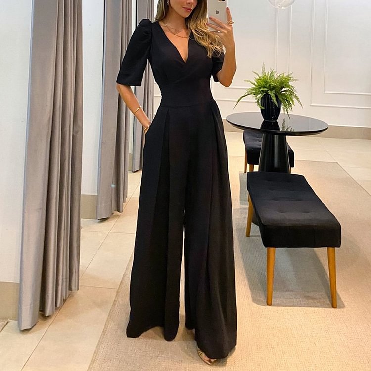 V-neck tie high-waisted puff short-sleeved wide-leg jumpsuit