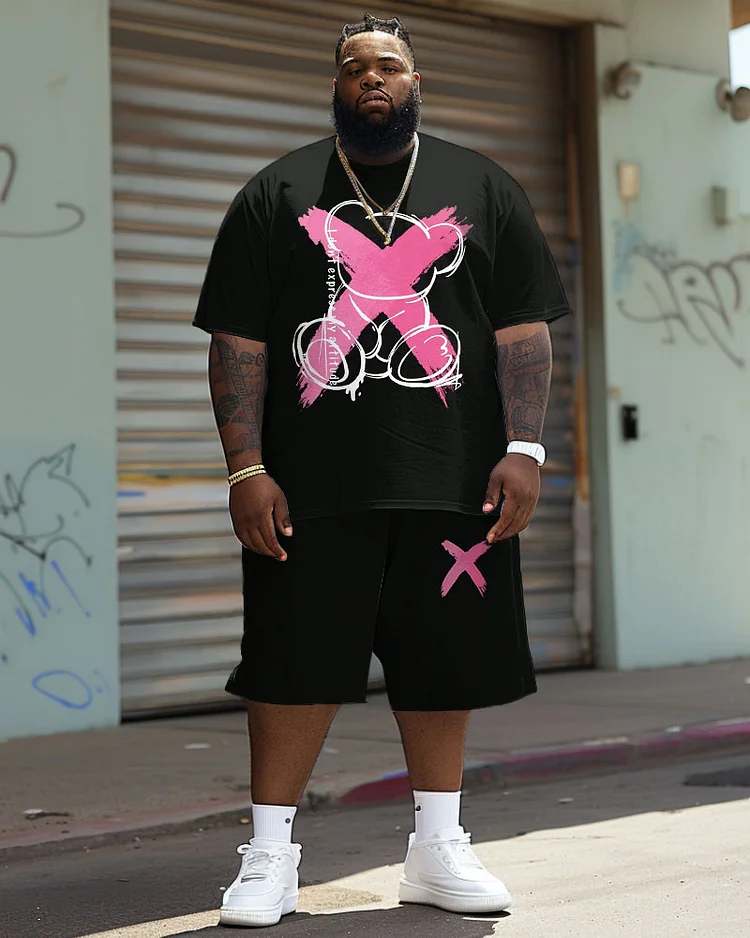 Men's Plus Size Street Casual Graffiti Bear Print T-Shirt Shorts Suit