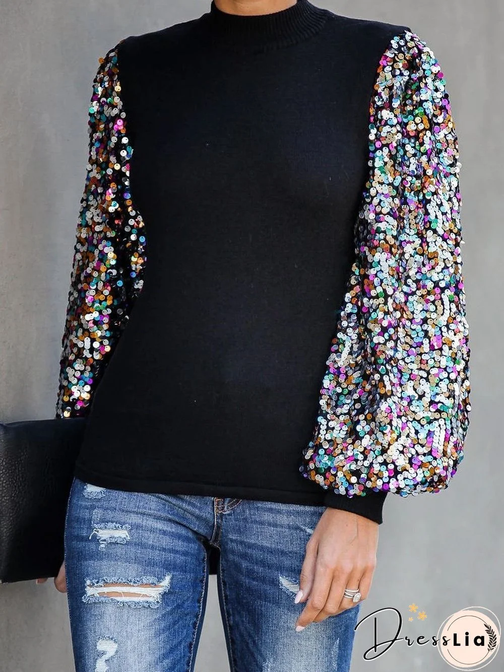 High Neck Lantern Sleeve Sequins Top