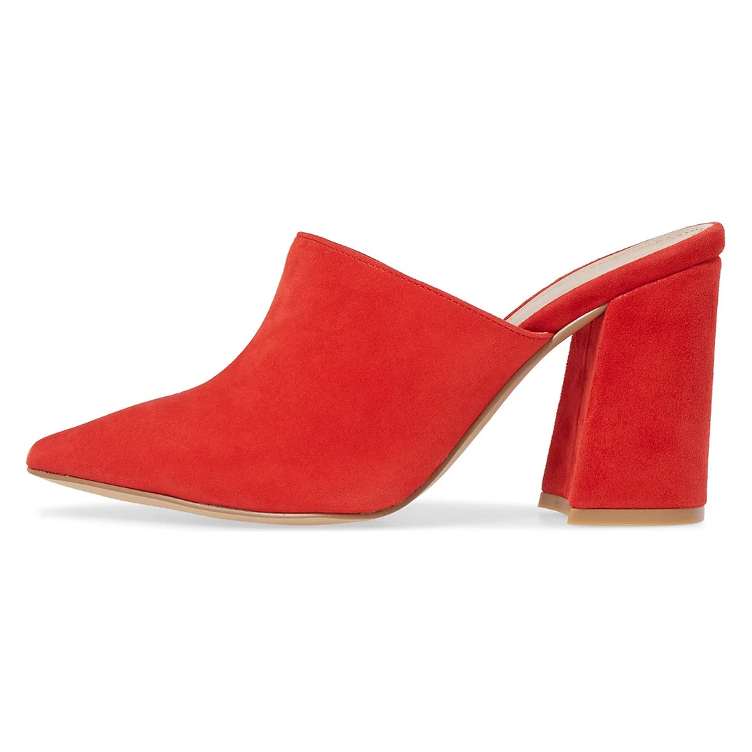 Pointed Toe Slip On Block Heel Vegan Suede Red Mules Shoes for Ladies