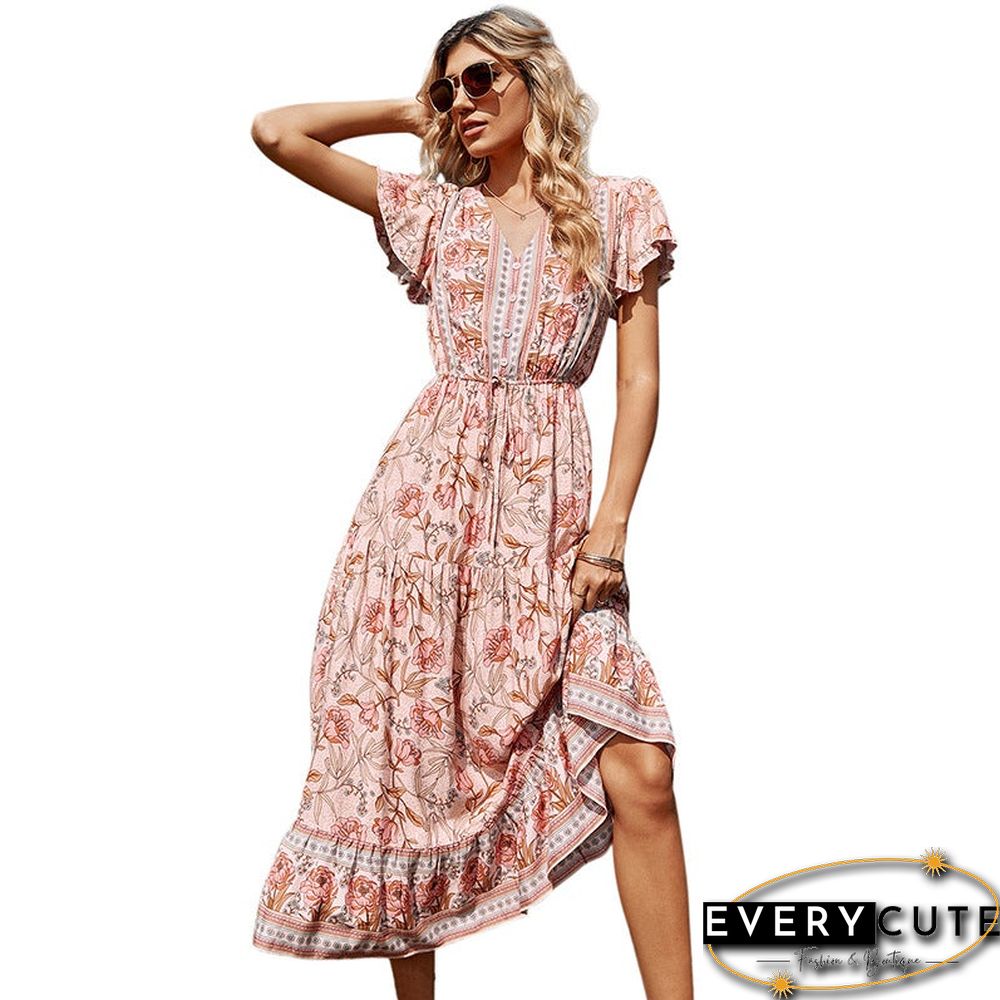 Lotus Leaf Short Sleeve Round Neck Strap Ladies Dress