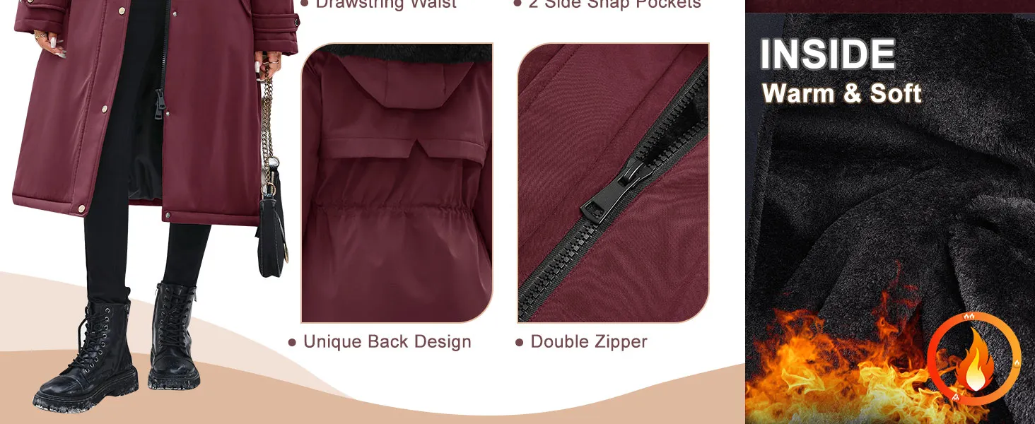 Multiple product views showing burgundy-colored winter clothing items including coats and accessories against a white background.