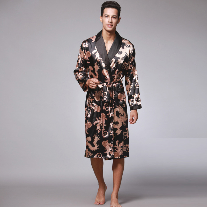 Trusthomeno Men Sleepwear Shower Robe Bathrobe Man Pajama with Belt Imitation Silk Printing Bathrobe Satin Pijama Hombre Pyjama Loungewear