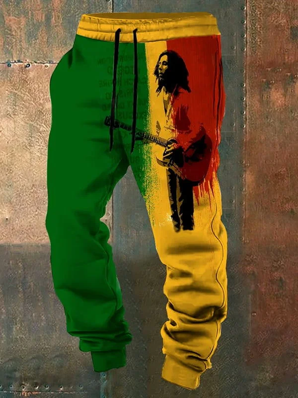 Reggae Print Elastic Waist Tie-Up Sweatpants