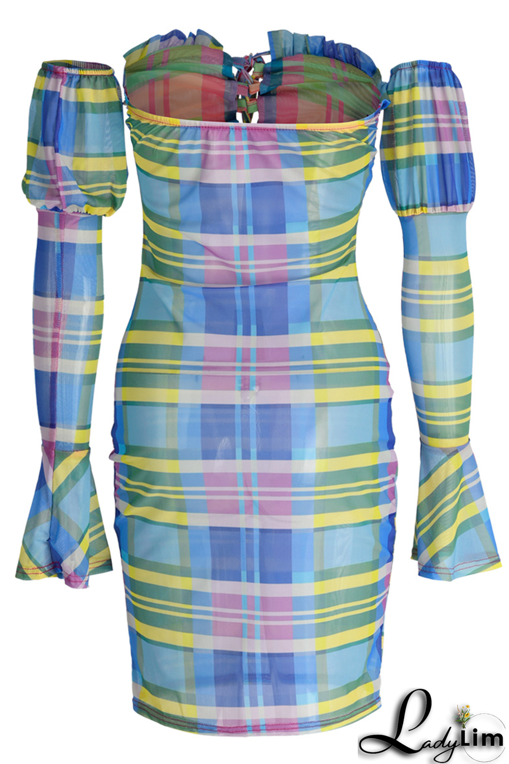 Blue Sexy Plaid Split Joint Off the Shoulder Pencil Skirt Dresses