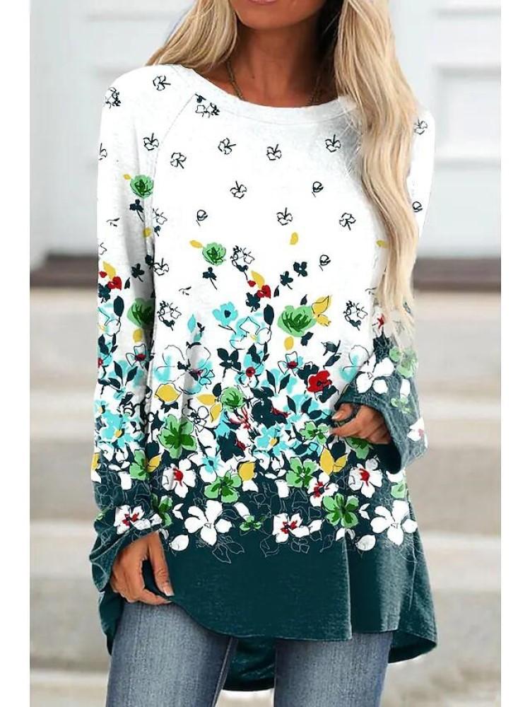 Women Long Sleeve Scoop Neck Floral Printed Graphic Top