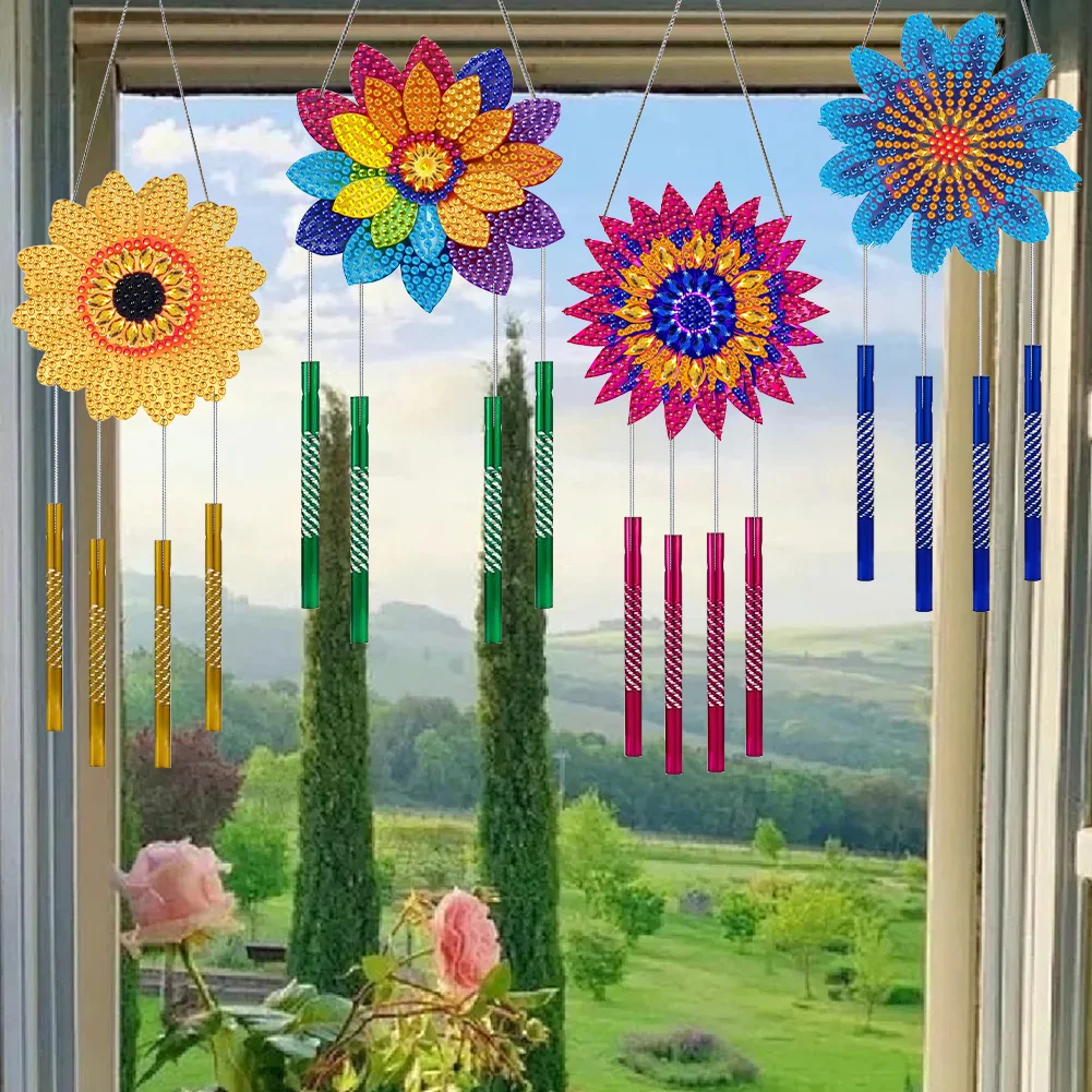 4Pcs Acrylic Colorful Flower Diamond Painting Wind Chimes DIY Crystal Wind Chime