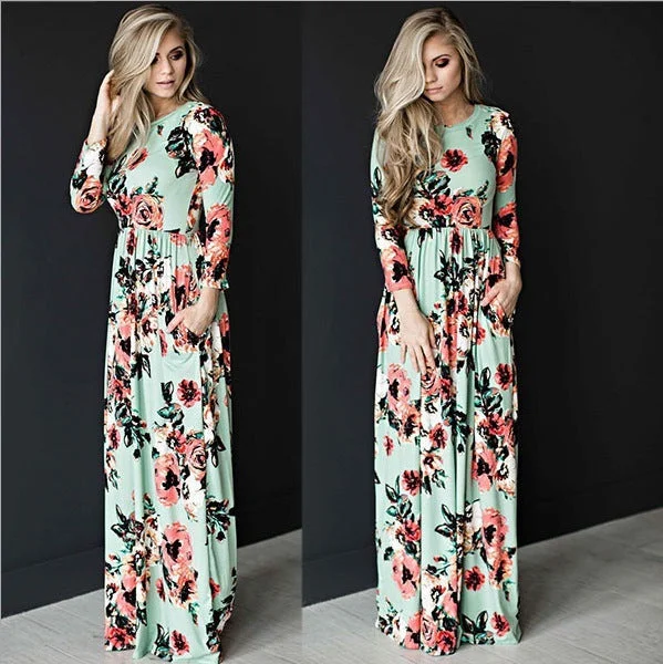 Uveng Summer Round Neck Flowers Print Long Sleeve Dress