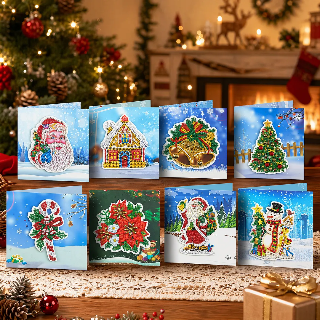 8PCS Winter Christmas DIY Diamond Painting Greeting Card Kits with Envelopes Diamond Art Greeting Cards Diamond Art Cards Kits for Adults DIY Crafts Family Friend Gifts