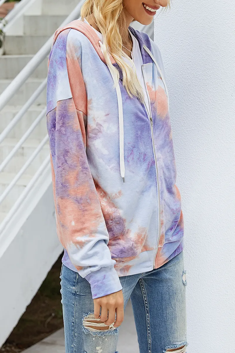 Tie Dye Zipper Long Sleeve Hoodie Coat