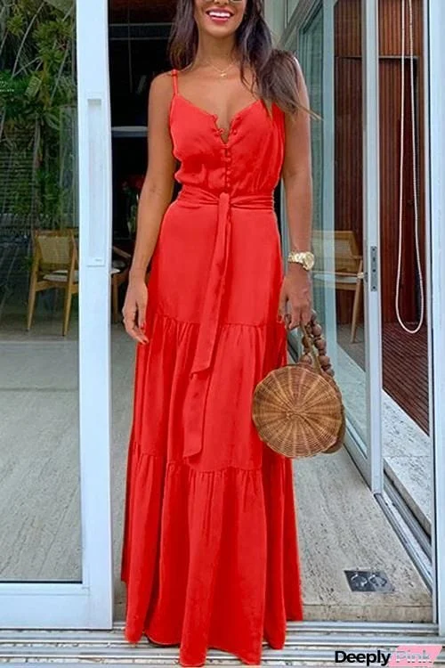 Button Belted Slip Maxi Dress