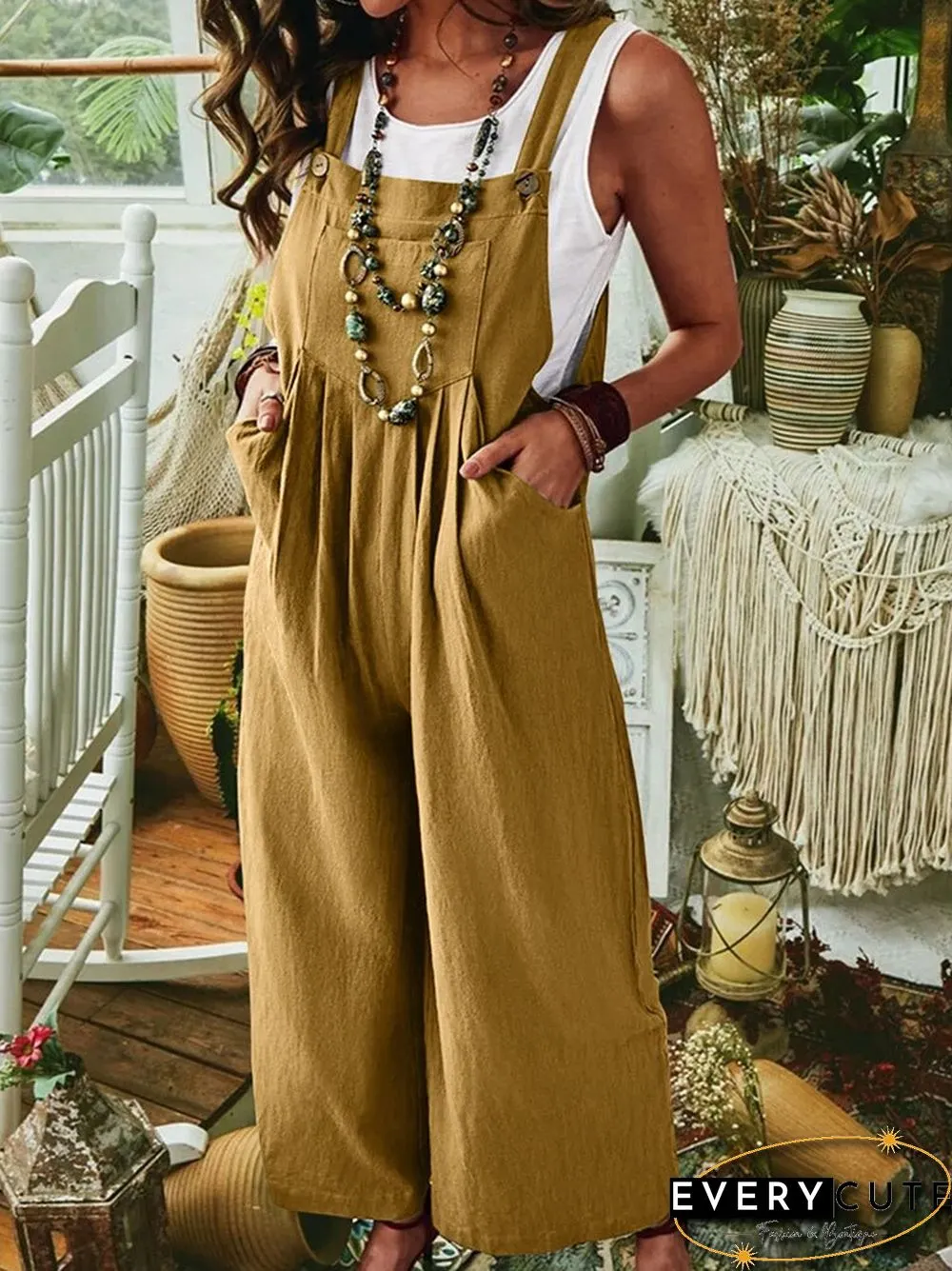 Casual Jumpsuit-Solid Color Womens Clothing Summer Solid Color Cotton Linen Pocket
