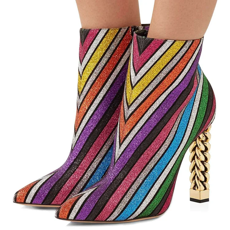 Multi-Color Stripes Chunky Heel Ankle Boots |FSJ Shoes