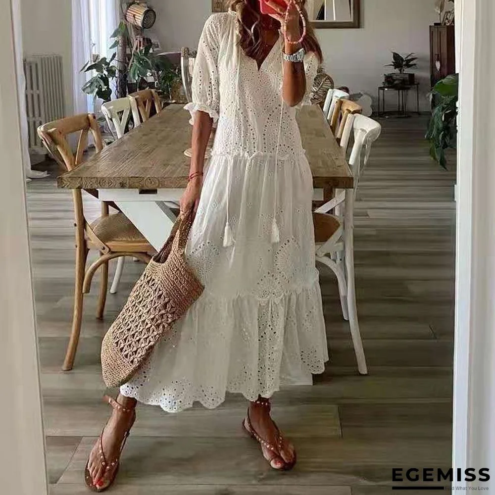 Deep V-Neck Solid White Fairy Maxi Dress White Dresses | EGEMISS