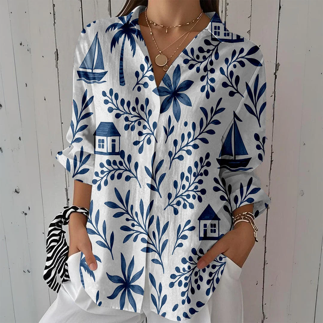 Style & Comfort for Mature Women Women Blue, Tropical DZCL0077 3/4 Sleeve Shirt Collar Printed Button Tops