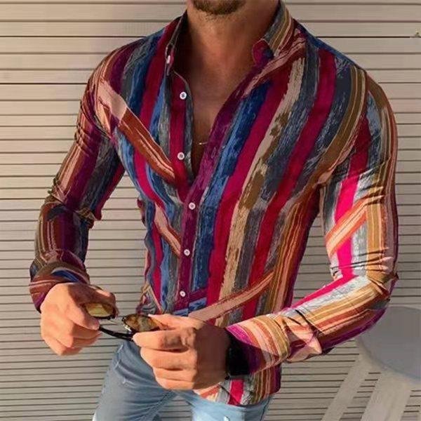 Men's Casual Shirt with Variegated Stripe Lapel Button