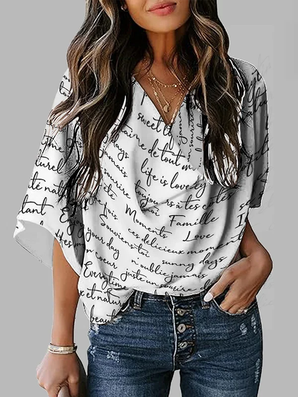 Loose Short Sleeves Letter Print Shoulder Pad Heaps Collar T-Shirts Tops