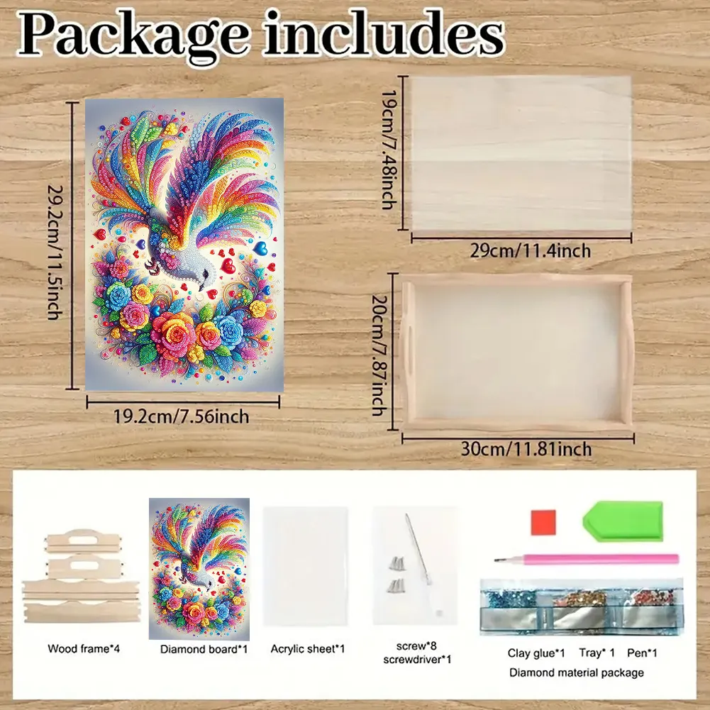 Wooden Colorful White Pigeon 5D DIY Diamond Painting Tray Art Craft with Handle