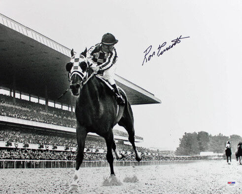 Ron Turcotte 1973 Belmont Stakes Secretariat Signed 16X20 B&W Photo Poster painting PSA/DNA