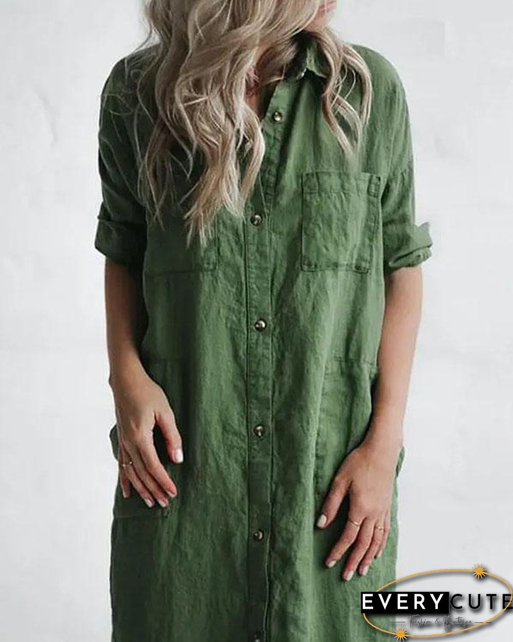 Casual Green Solid Linen Button up Shirt Dresses