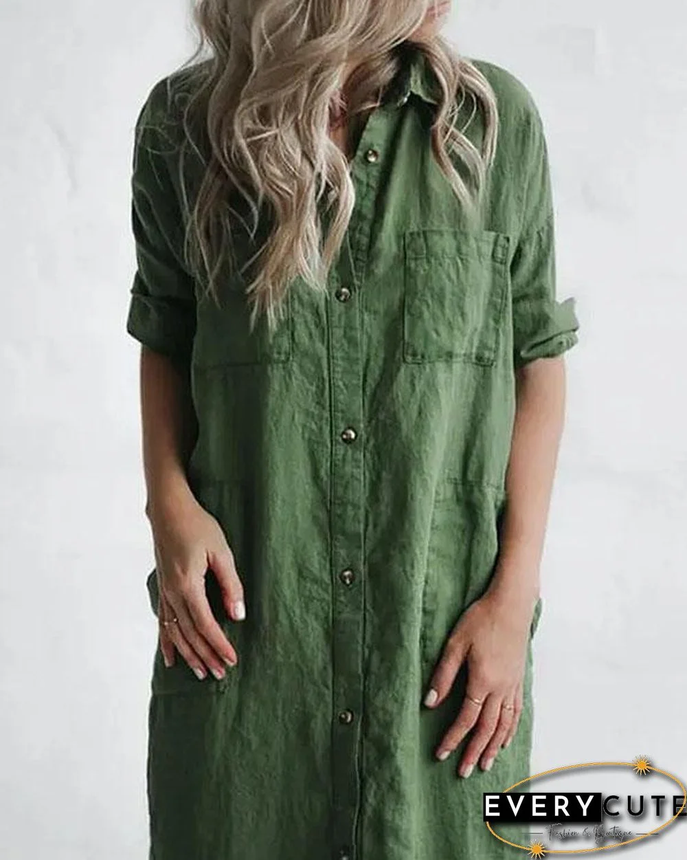 Casual Green Solid Linen Button up Shirt Dresses