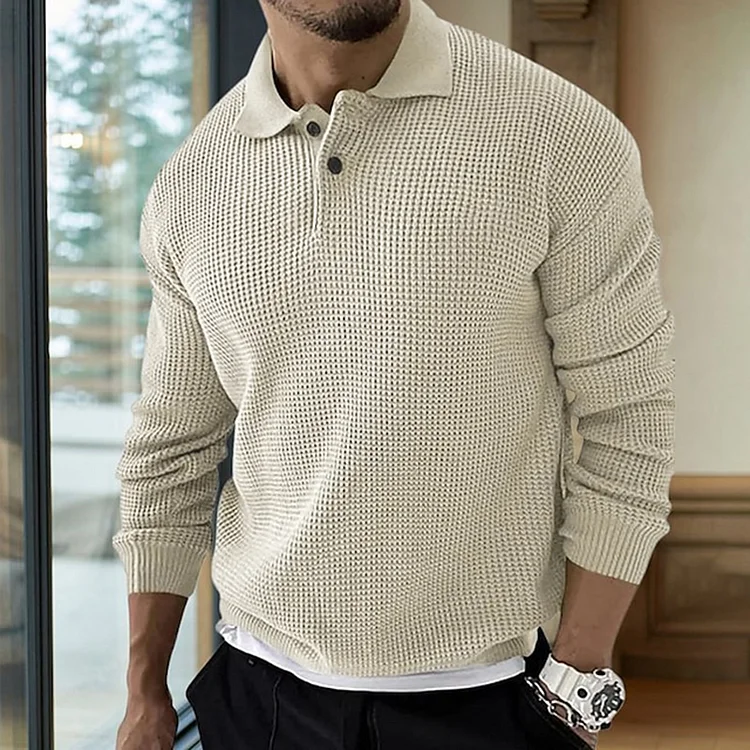 Men's  Pullover Sweater Casual Waffle Turndown Collar Button Pullover Ribbed Knit Sweater