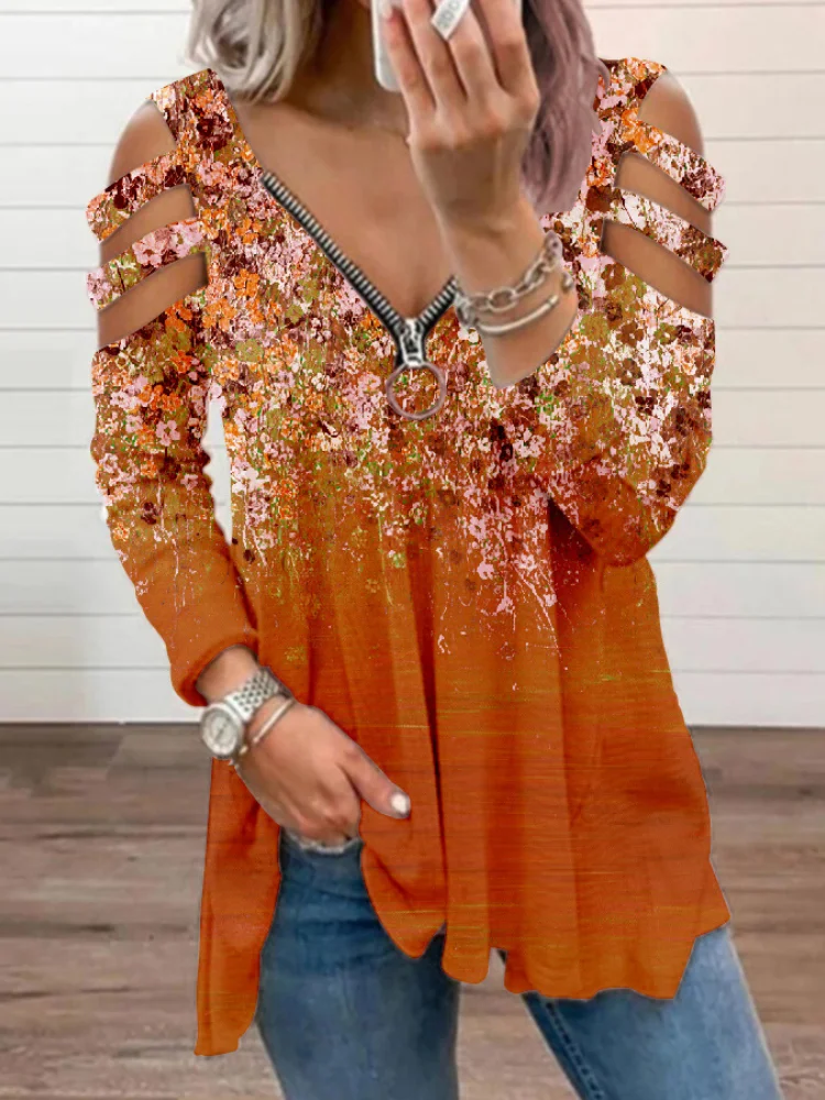 Floral Hollow Shoulder Zipper V Neck T Shirt