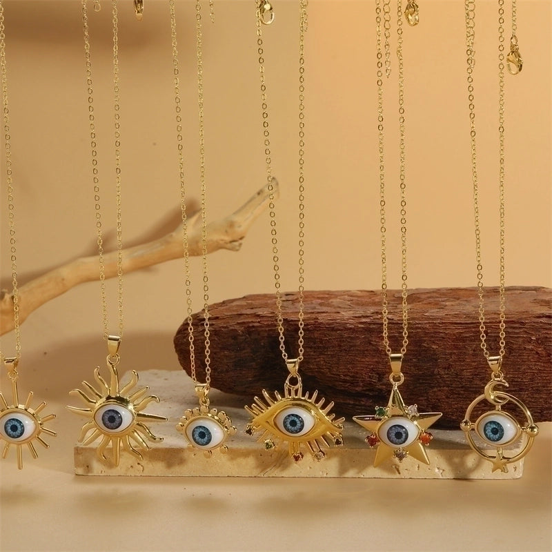 Vintage Style Minimalist Commute Sun Copper Plating Inlay Resin Zircon 14k Gold Plated Pendant Necklace