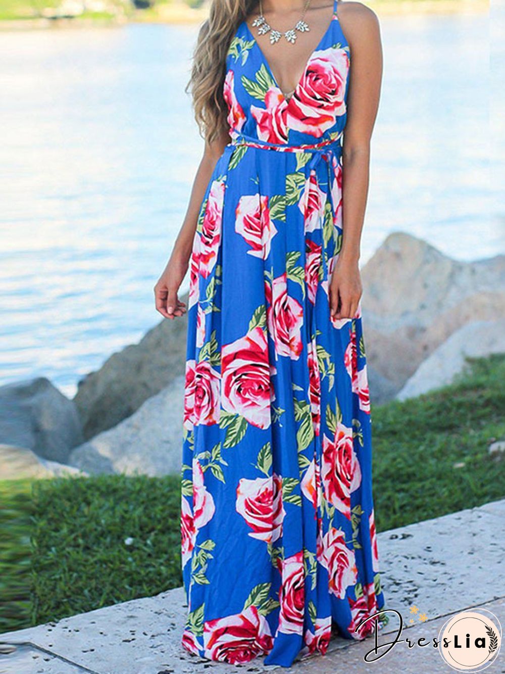 Beach Sling Leak Back Flower Print Maxi Dress P10165