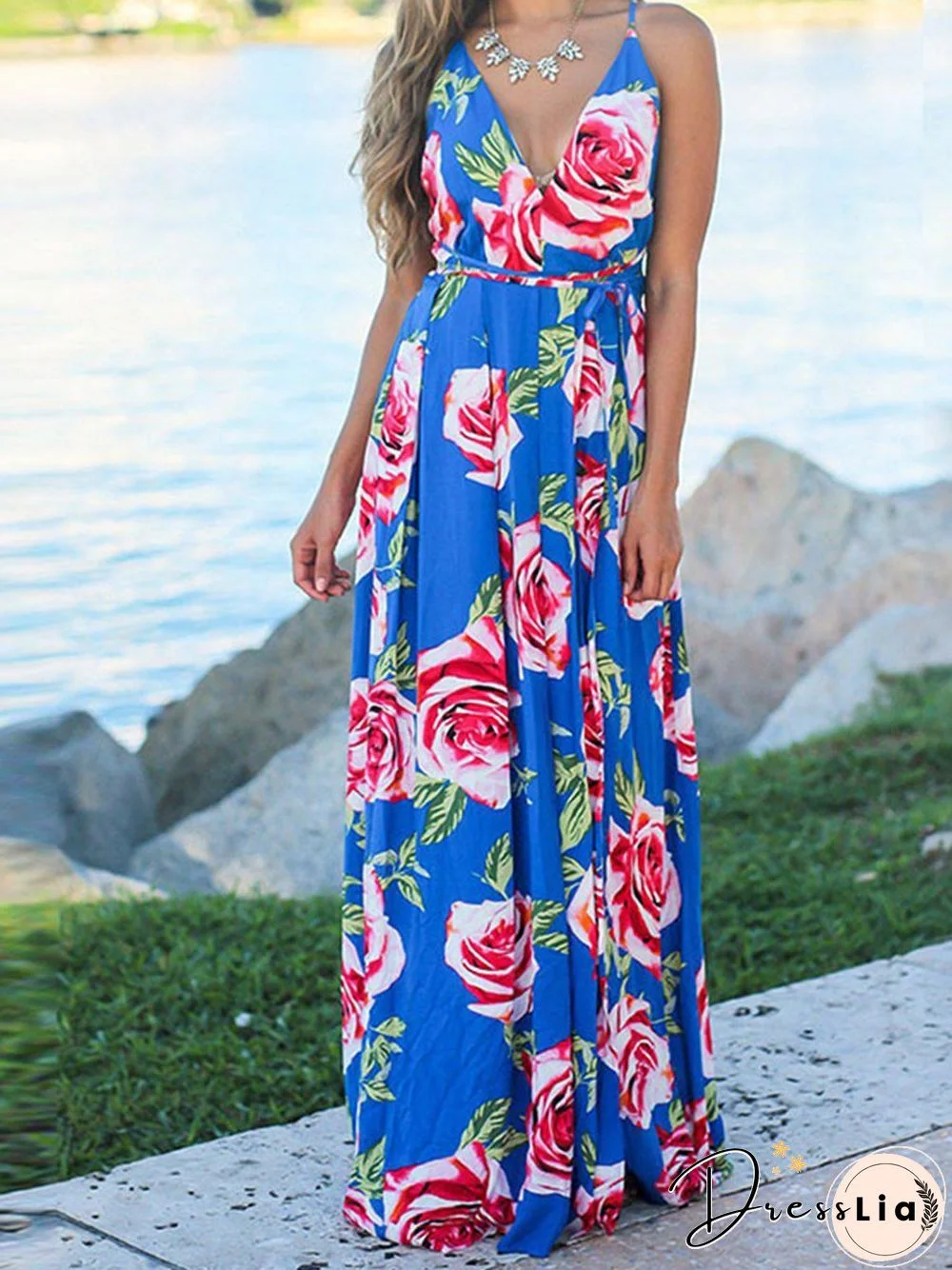 Beach Sling Leak Back Flower Print Maxi Dress P10165