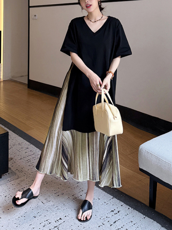 V Neck Patchwork Striped Print Hem Short Sleeve Maxi Dress