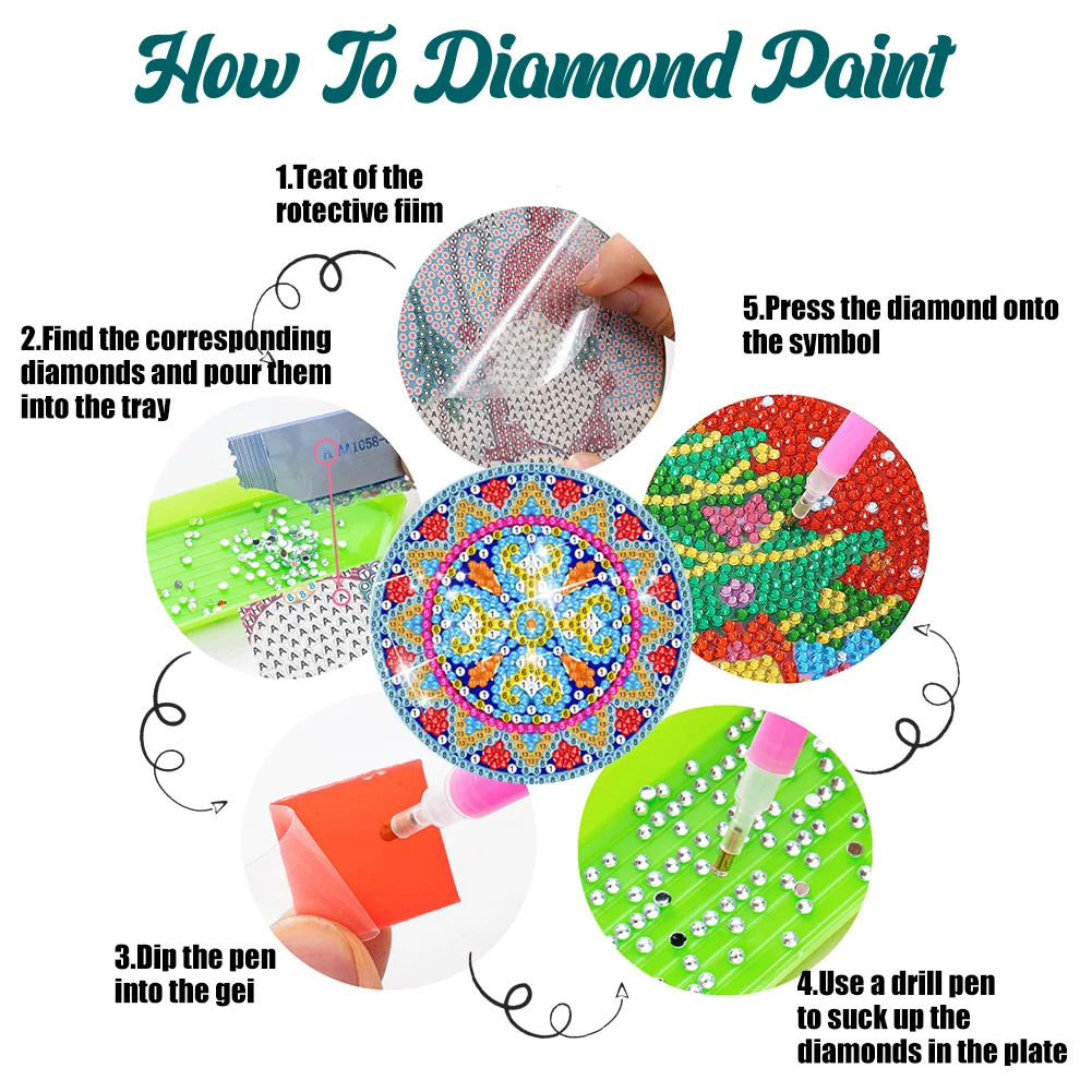 8pcs DIY Mandala Pattern Acrylic Single Sided Diamond Painting Art Coasters Kits with Holder