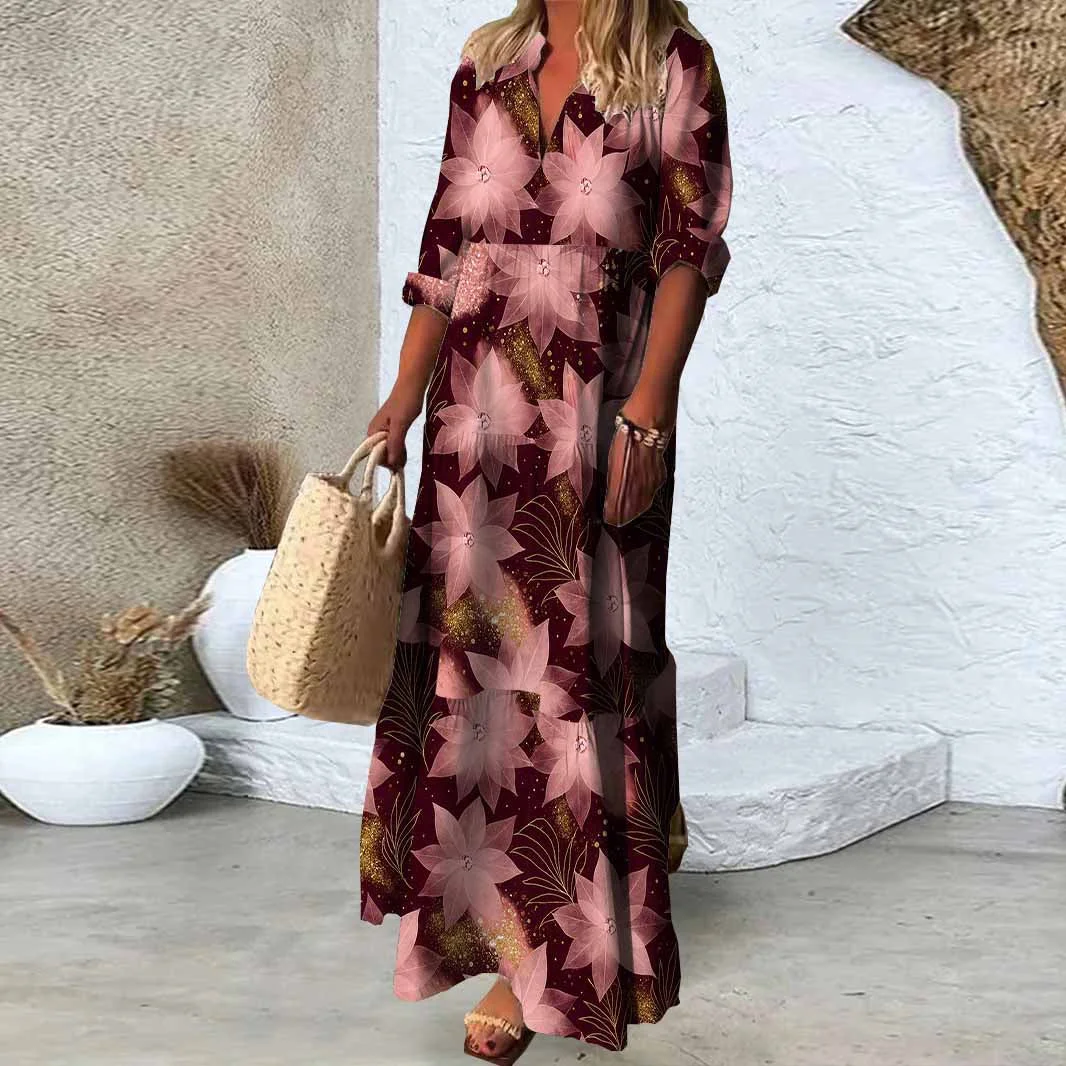 Women Floral, Wine Red, Red DZDN0652 SPU Printed Long Sleeve V-neck Maxi Dress