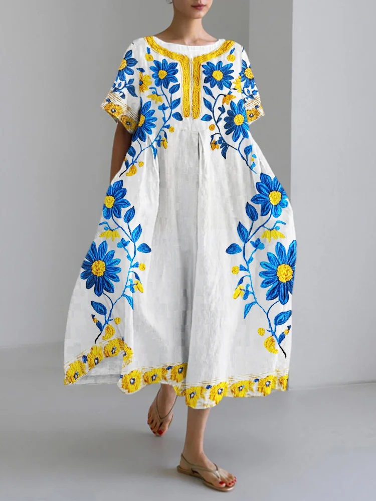 Ukrainian Ethnic Yellow And Blue Floral Embroidery Women's Linen Dress