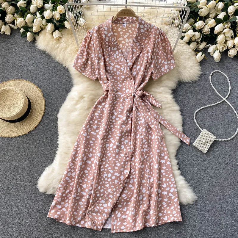 Croysier Dresses For Women 2021 Elegant Notch Lapel Belted Midi Dress Vintage Print Short Sleeve Buttoned Casual Summer Dress