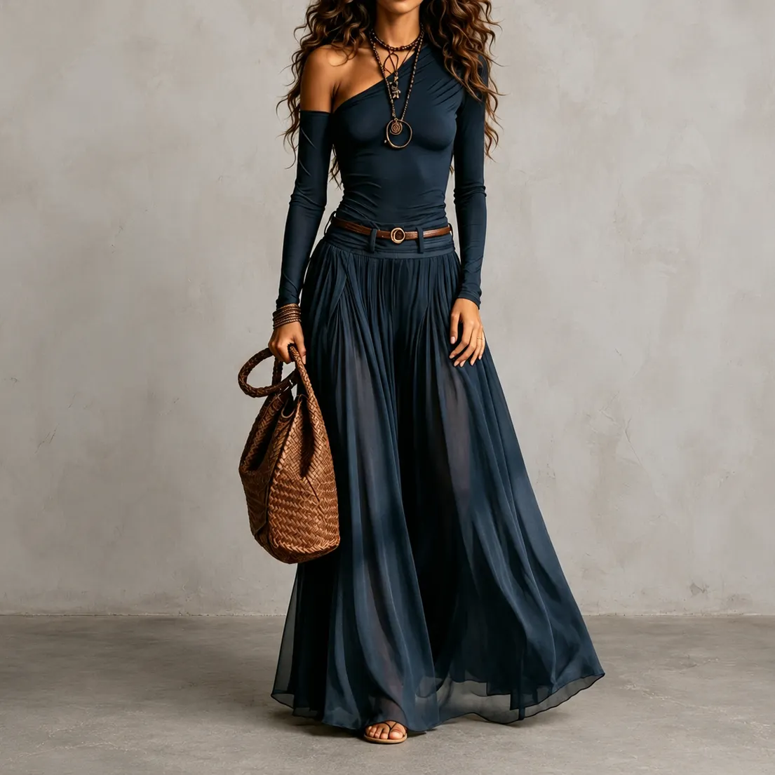 Retro Solid Color Simple Off-shoulder Long-sleeved Dress Set Comfortable Long Dress Includes Belt elevenforest