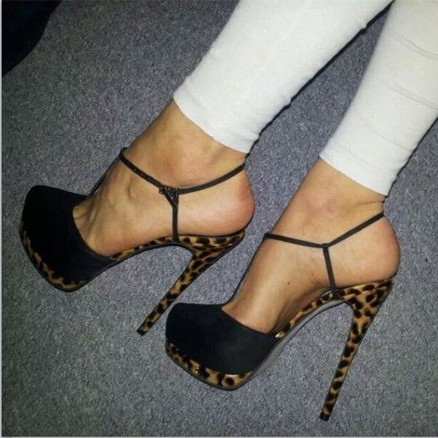 Black Stiletto Heel T-Strap Sandals Leopard Platform Slingback Pumps |FSJ Shoes