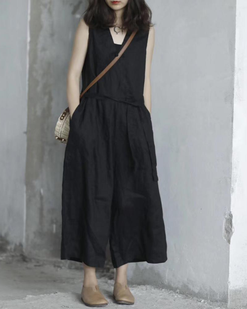 V Neck Belt Side Pockets Loose Sleeveless Wide Leg Jumpsuit
