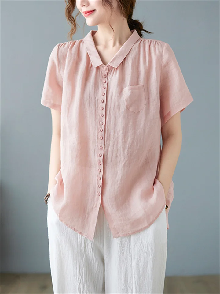 Cotton and Linen Women's Summer Literary Loose Solid Colour Casual Short-sleeved Shirt Tops