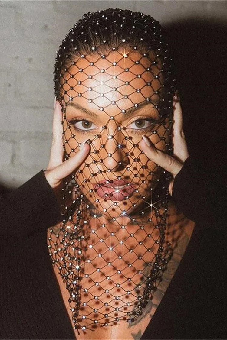 Rhinestone Mesh See Through Grid Black Bow Cap
