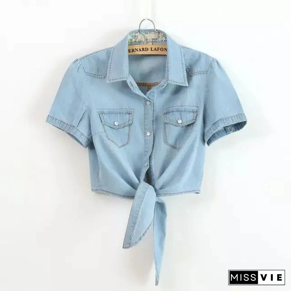 Front Tie Knot Denim shirt Crop Top Jean Blouse