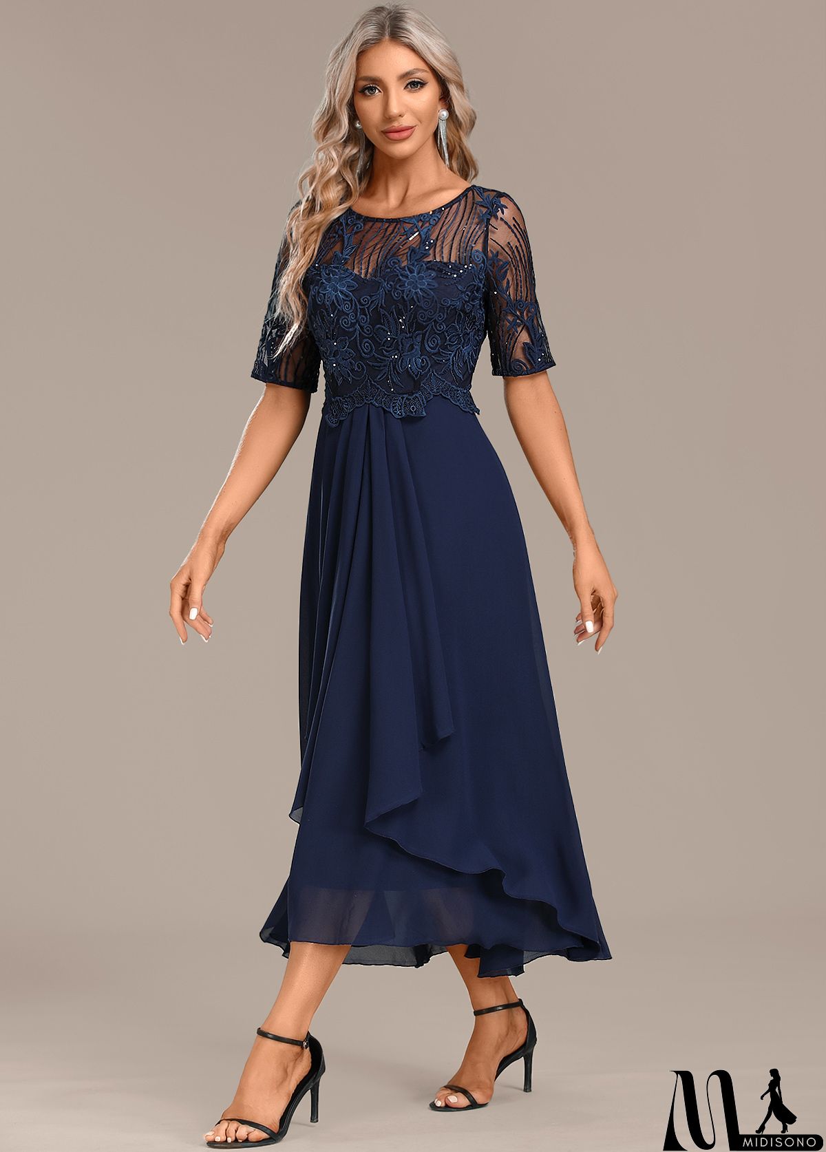 MidiSono - Navy Lace Short Sleeve Round Neck Dress