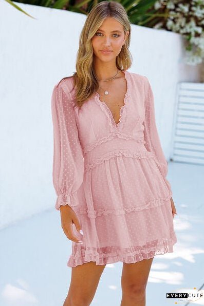 Swiss Dot Frill V-Neck Mini Dress